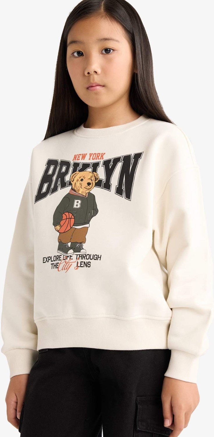 DeFacto Relax Fit Bisiklet Yaka Baskılı İçi Yumuşak Tüylü Sweatshirt Kız Çocuk E6780A825WN görsel 3