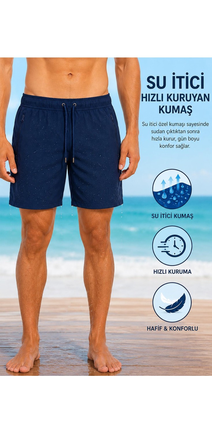 Miami Beach Indigo Uzun Düz Basic Model Su Itici Özellikli Esnek Kumaş Erkek Plaj Deniz Şort Mayo // 2205-İNDIGO görsel 8