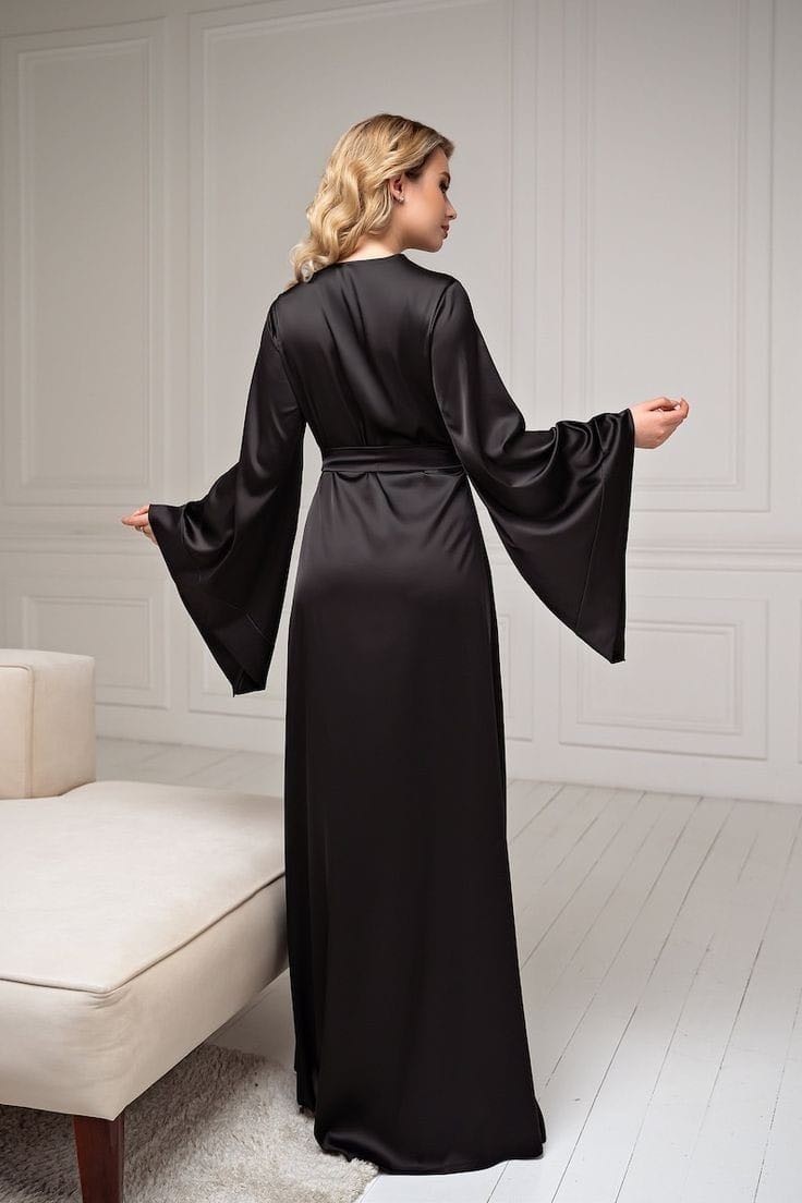La Donna Moda Kolları Kloş Ipeksi Satan Uzun Gelin Sabahlık Kimono görsel 3
