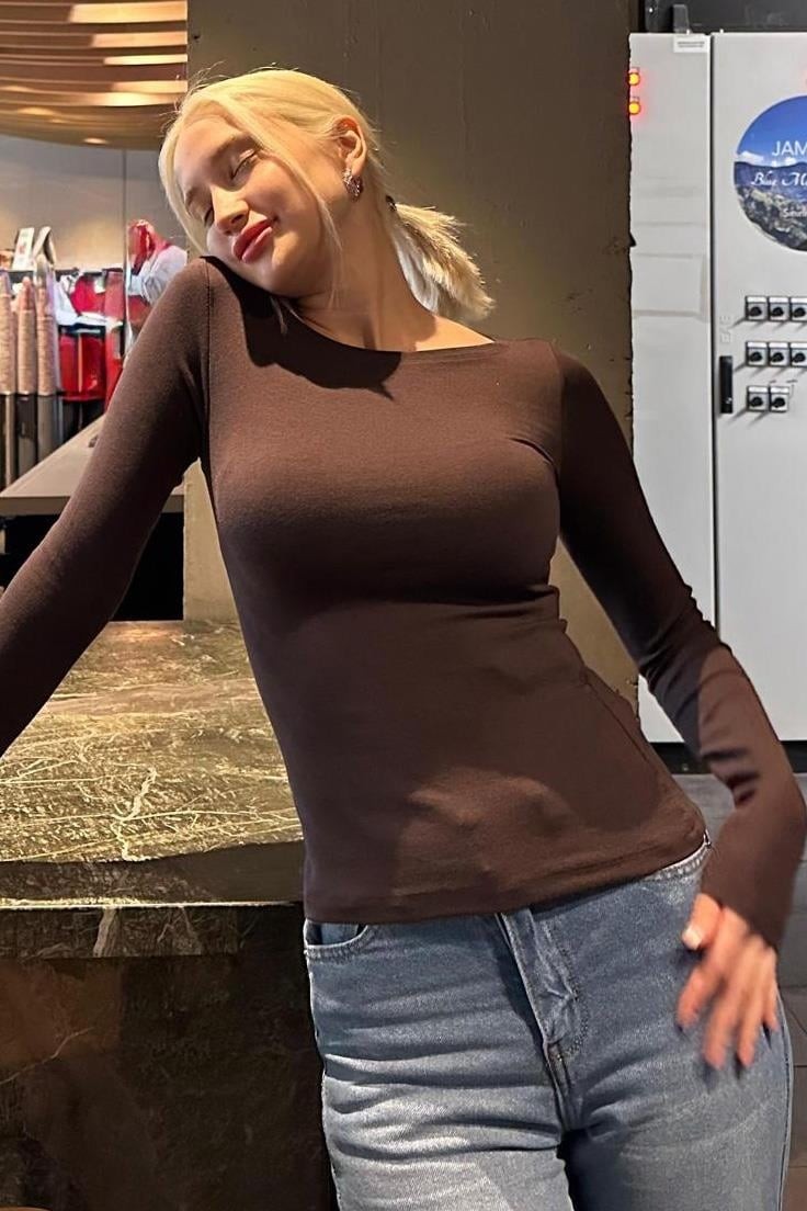 Madmext Acı Kahve Kayık Yaka Uzun Kollu Kadın Top Body MG2267