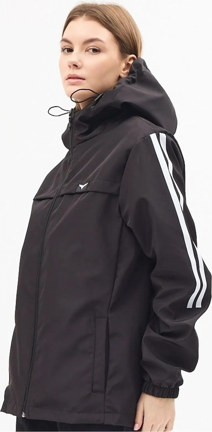 Level High Kadın Spor Yağmurluk Siyah, Kapüşonlu, Beyaz Şerit Detaylı, Hafif Rüzgarlık, Outdoor Mevsimlik görsel 7