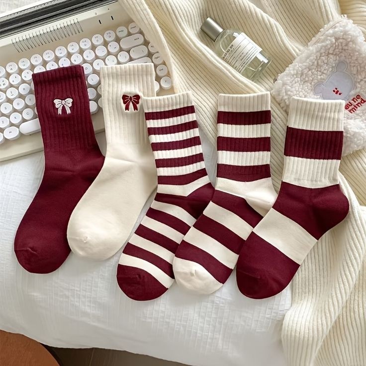 Sky Socks 5'li Ekonomik Paket Bordo-Beyaz Çizgili Kurdele Desenli Unisex Tenis Çorap Seti