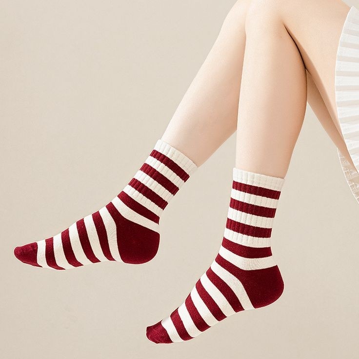 Sky Socks 5'li Ekonomik Paket Bordo-Beyaz Çizgili Kurdele Desenli Unisex Tenis Çorap Seti görsel 3