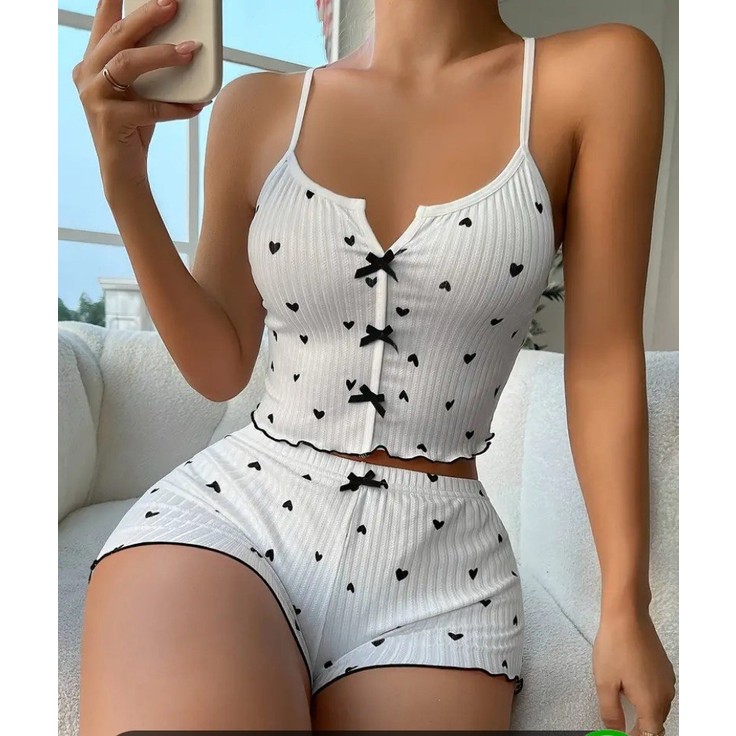 Gazaniga Kadın Beyaz Askılı Desenli Gecelik Pijama Şortlu Takımı Bella görsel 6