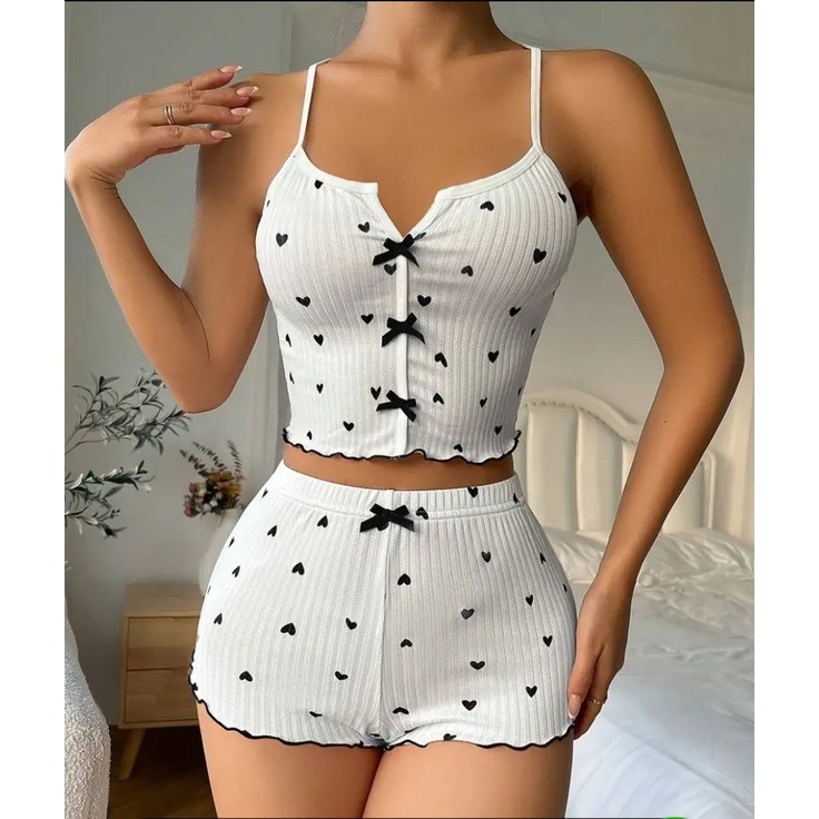 Gazaniga Kadın Beyaz Askılı Desenli Gecelik Pijama Şortlu Takımı Bella görsel 7