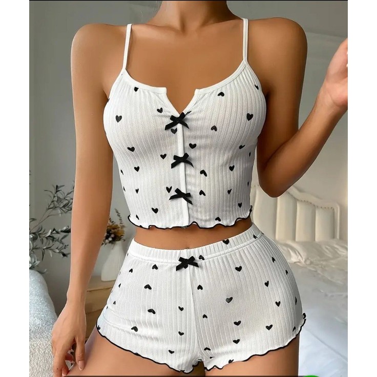Gazaniga Kadın Beyaz Askılı Desenli Gecelik Pijama Şortlu Takımı Bella görsel 8
