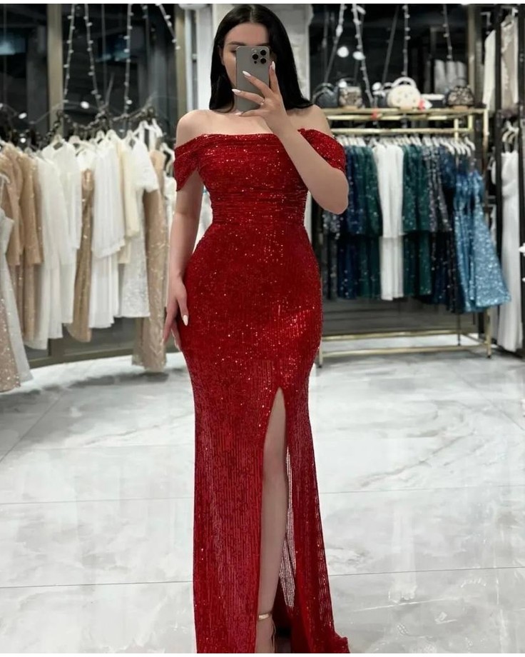 ZoeZoe Düşük Omuzlu Degaje Yakalı Payet Kumaş Yırtmaçlı Düğün Davet Mezuniyet Abiye Elbise görsel 4