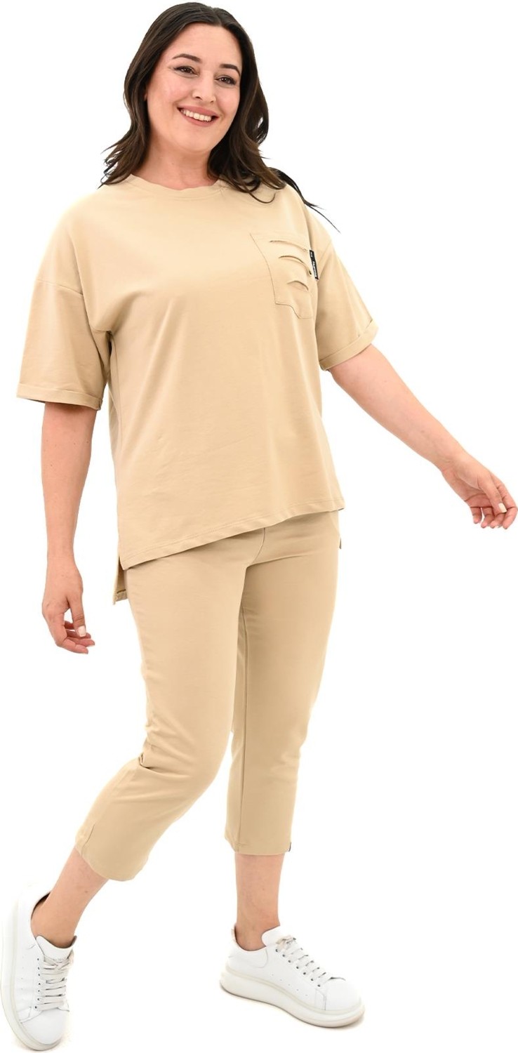 Moda Xlarge Kadın Yırtık Cep Detaylı Kısa Kollu Büyük Beden Kapri Eşofman Takım 8010-23 görsel 2