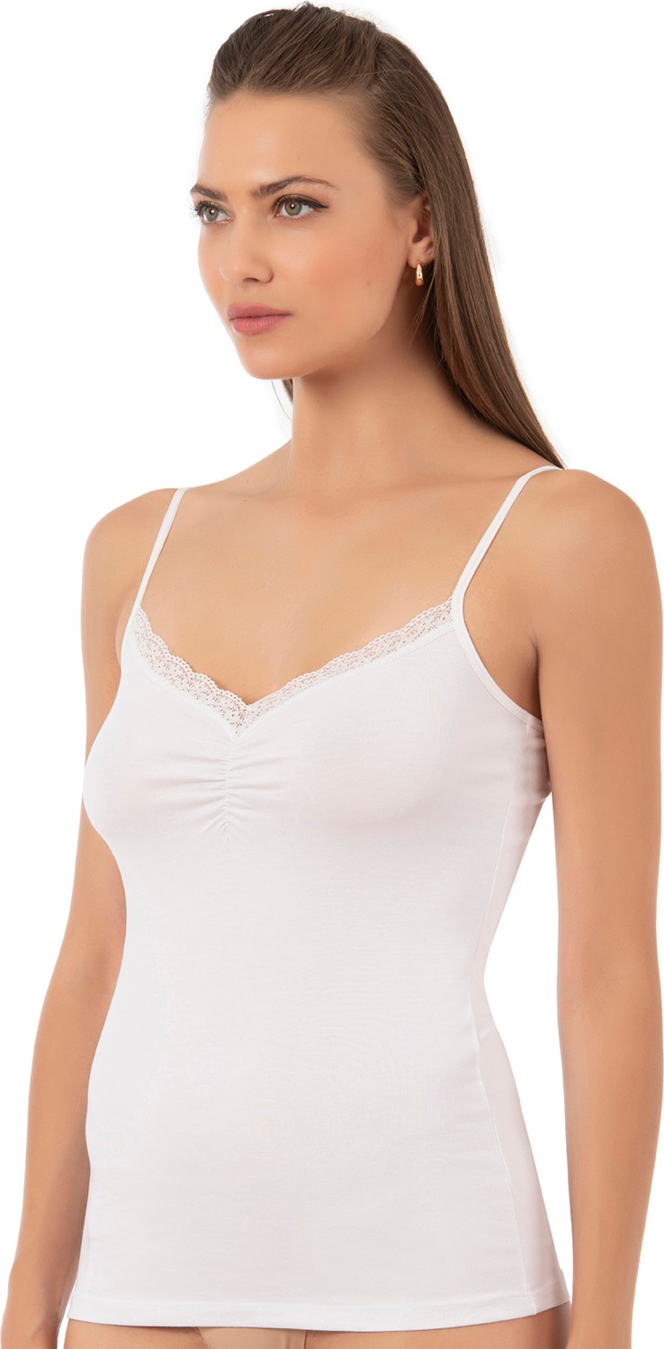 Özkan Underwear Özkan 3167 Kadın %95 Pamuklu Önü Büzgülü Dantelli İp Askılı Penye Atlet görsel 3