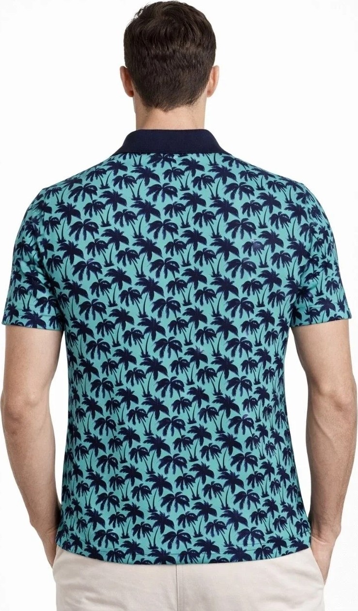 Tarz Yeri Erkek Pike Kumaş Polo Yaka Palmiye Desenli Tişört Kısa Kol Yazlık T-Shirt - Turkuaz görsel 3