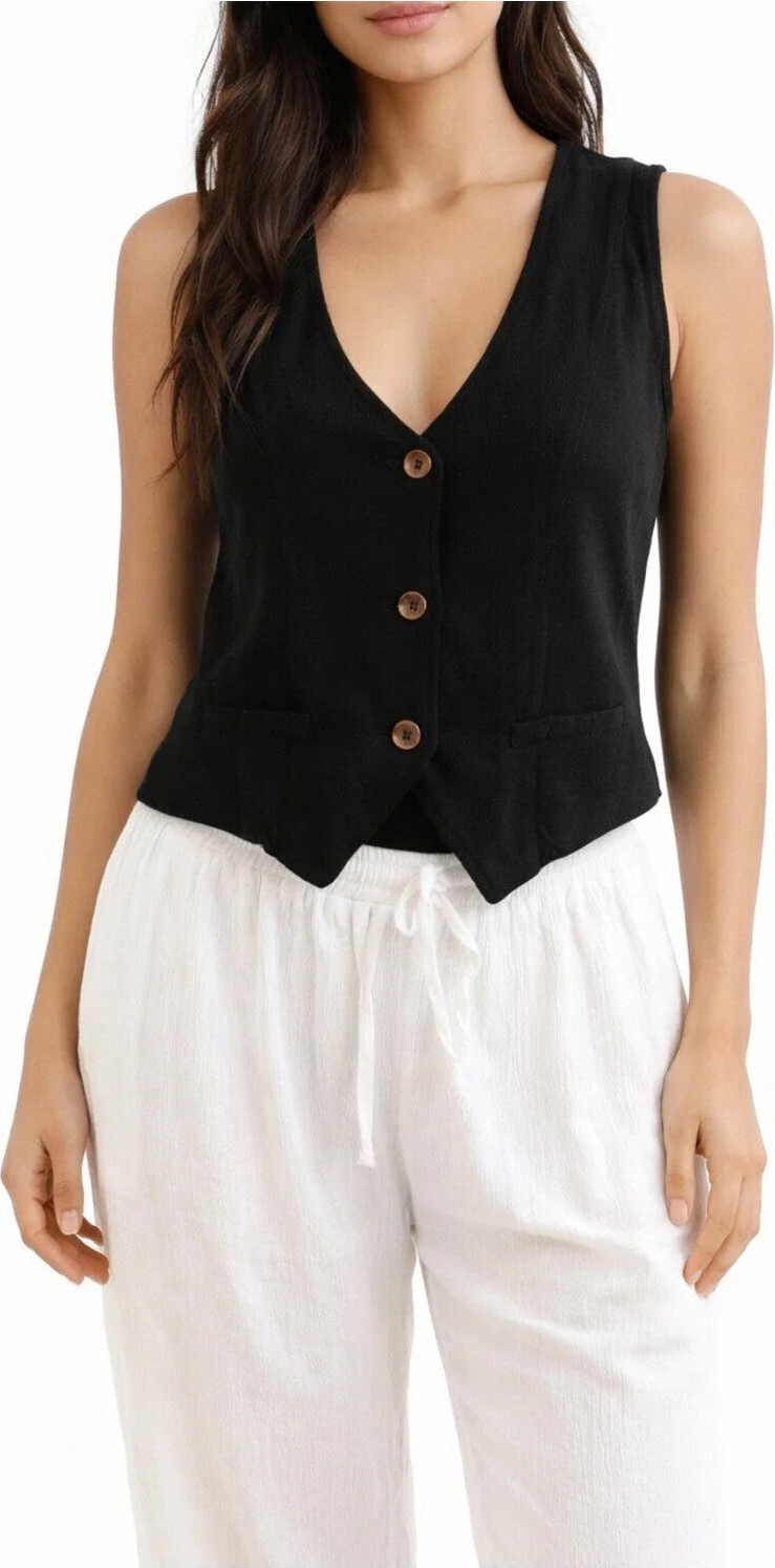 Sile Atelier Sıle Atelıer Siyah Düğmeli Kadın Yelek Şık Yazlık Xl görsel 2