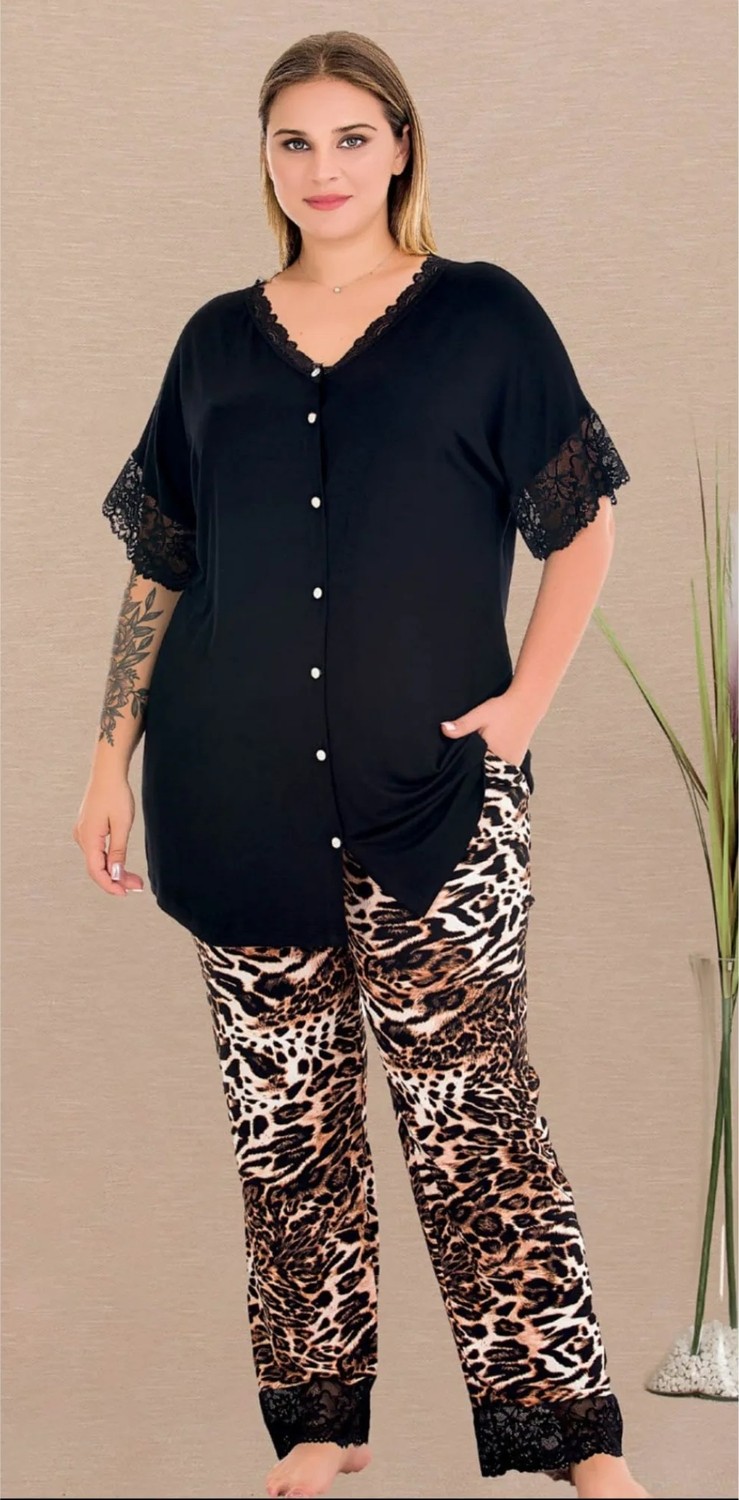 Yare Dantelli - Leopar Oversize Düğmeli Büyük Beden Pijama Takımı görsel 6