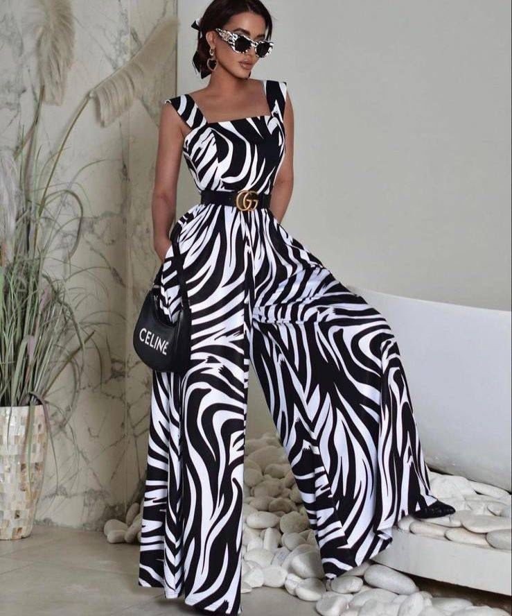 TeknoKapsül Kadın Askılı Kare Yakalı Desenli Kemersiz Uzun Süprem Tulum - Desenli / L-Xl görsel 2