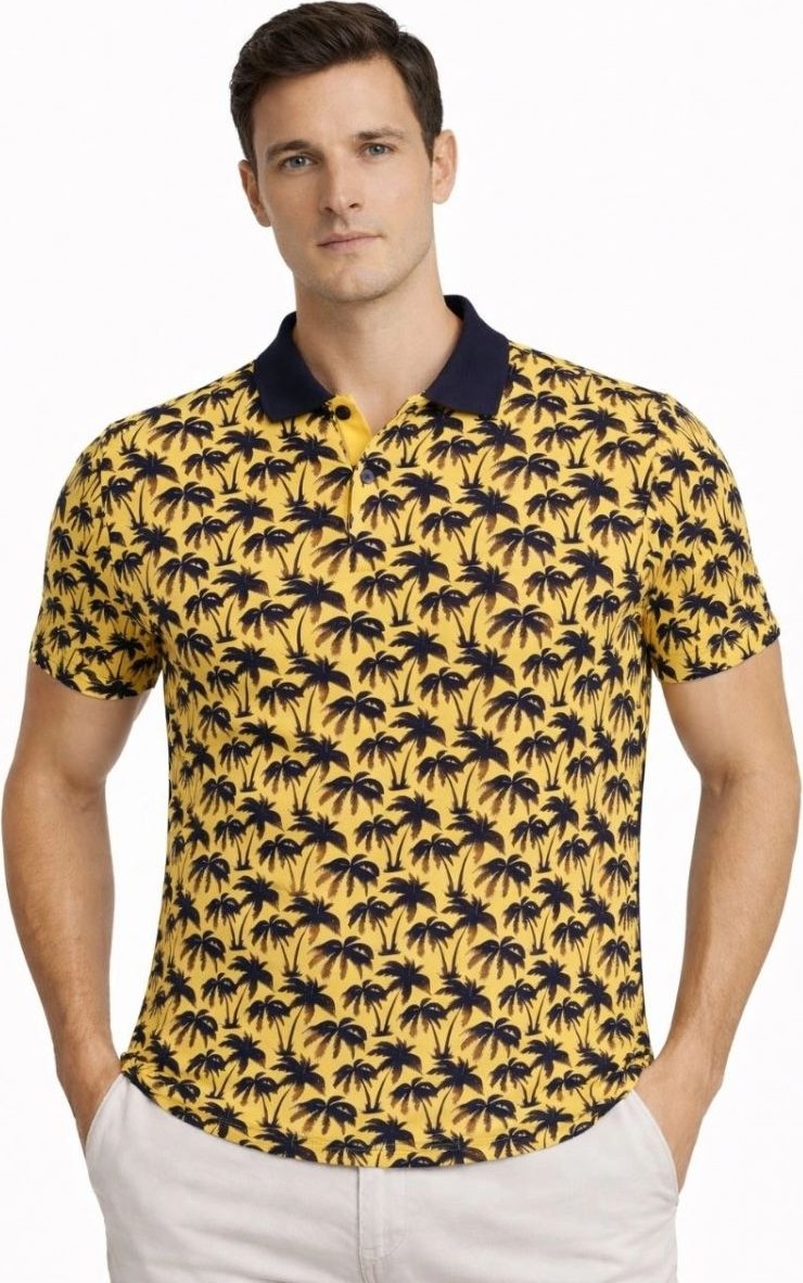 Fantastik Store Erkek Pike Kumaş Polo Yaka Palmiye Desenli Tişört Kısa Kol Yazlık T-Shirt - Sarı