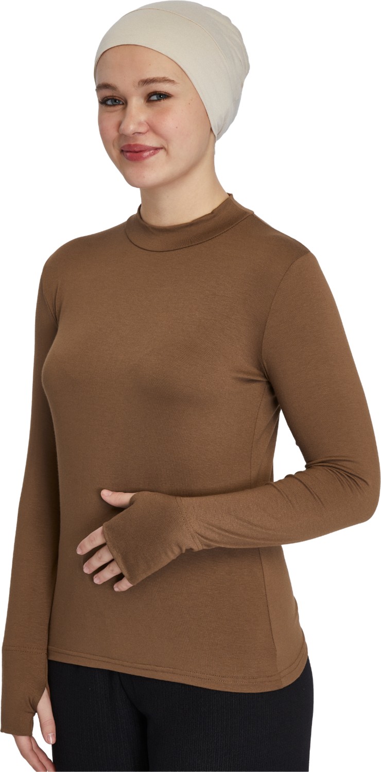 Manolyaşal İslamic Hijab Hafif Balıkçı Yakalı Parmak Geçmeli Likralı Organik Kadın Body - Açık Çikolata - L-XL görsel 3