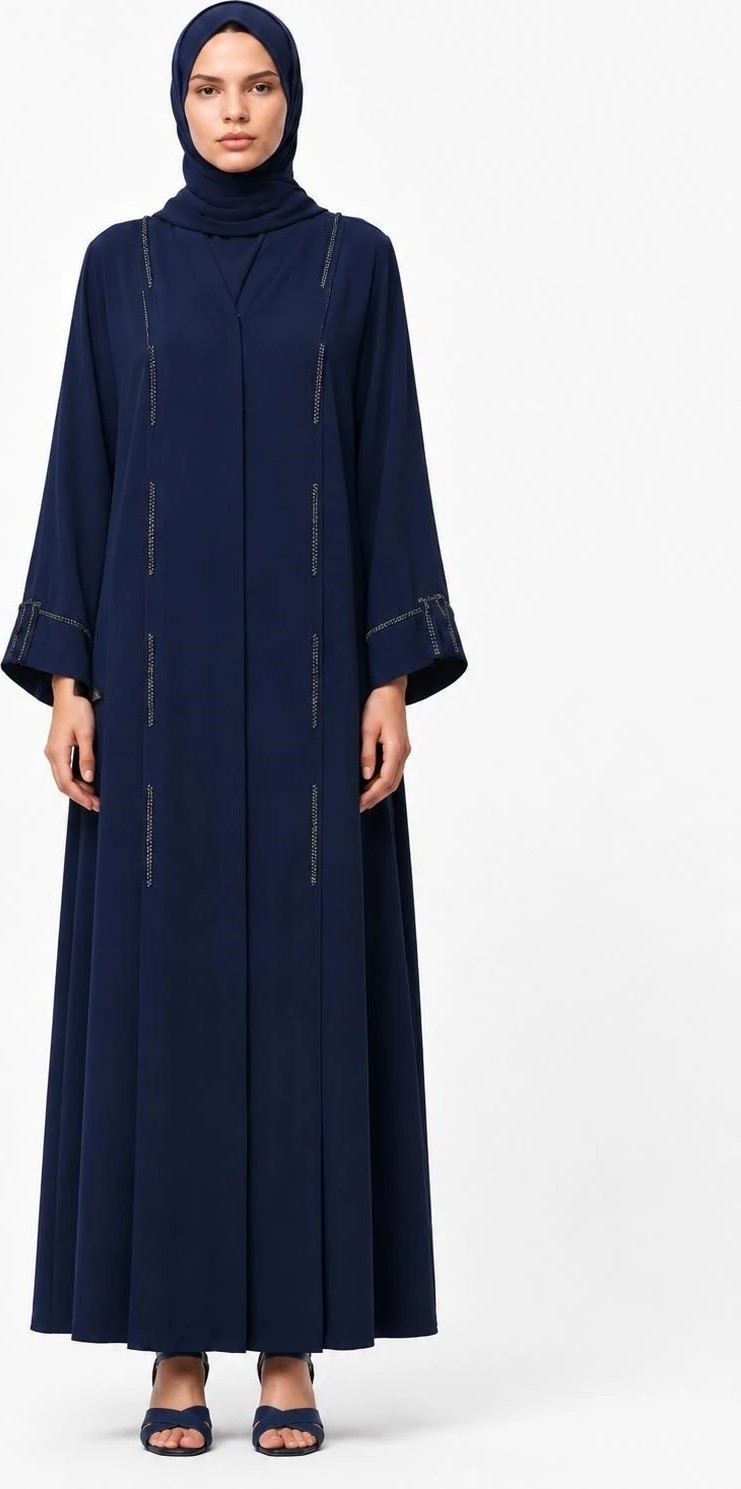 Nazzain Lacivert Dubai Ipeği Minimal Taş Detaylı Abaya