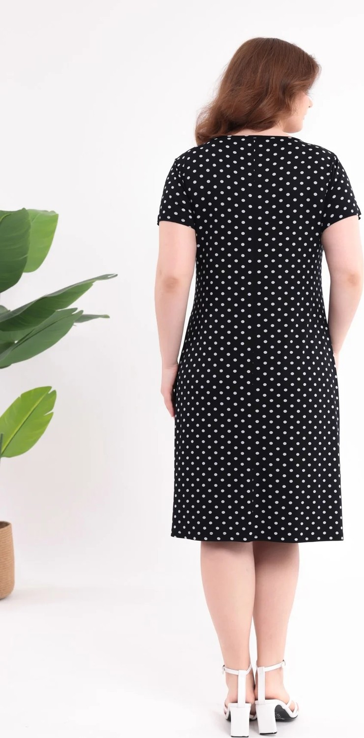 Madwilo Kadın Siyah Puantiye Desen Büyük Beden Esnek Midi Elbise görsel 6