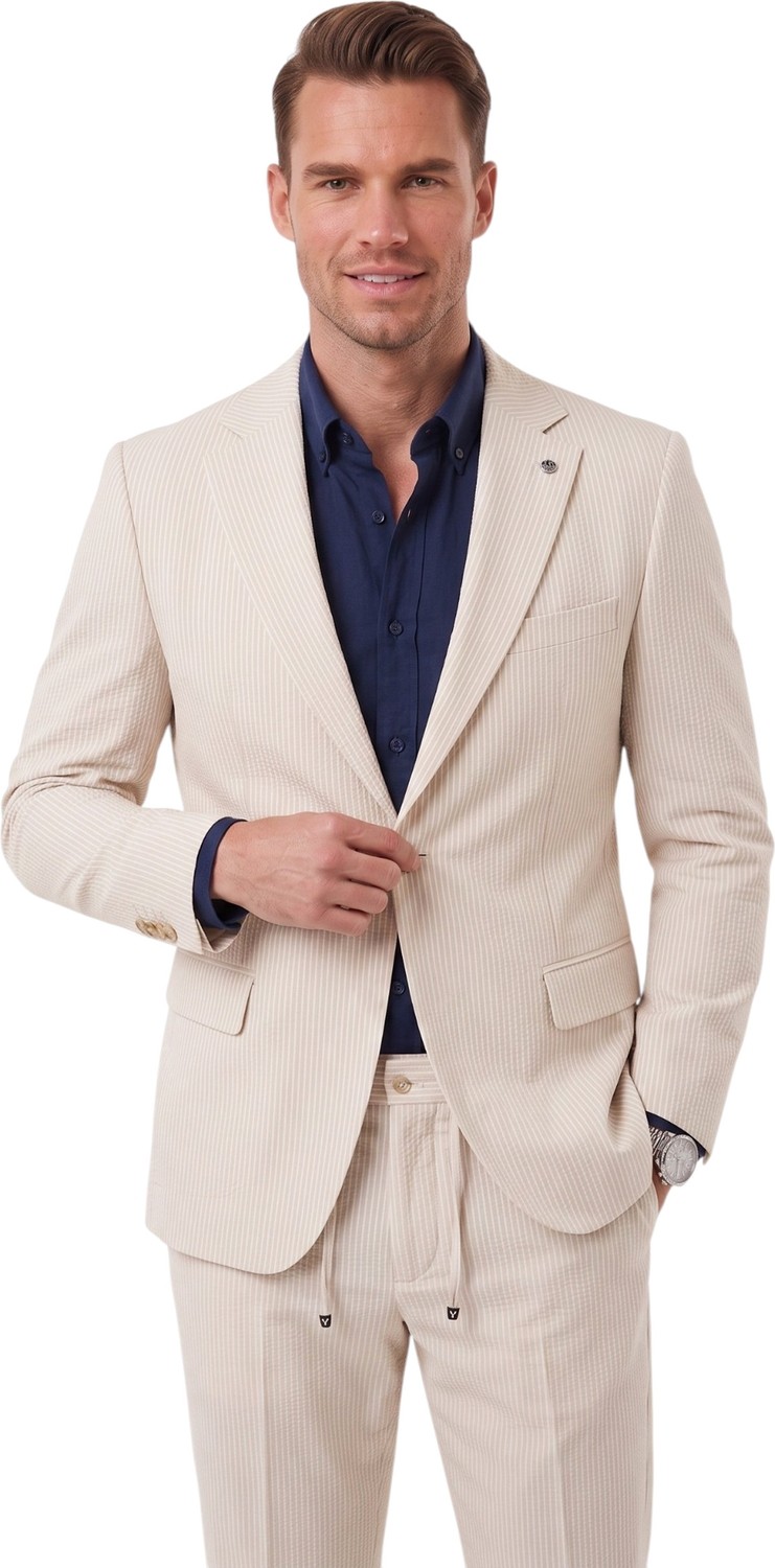 Deepsea Erkek Slim Fit Dar Kesim Çizgili Gofre Kumaş Bej Takım Elbise, Tek Düğme Ipli Pantolon 2602311 görsel 8