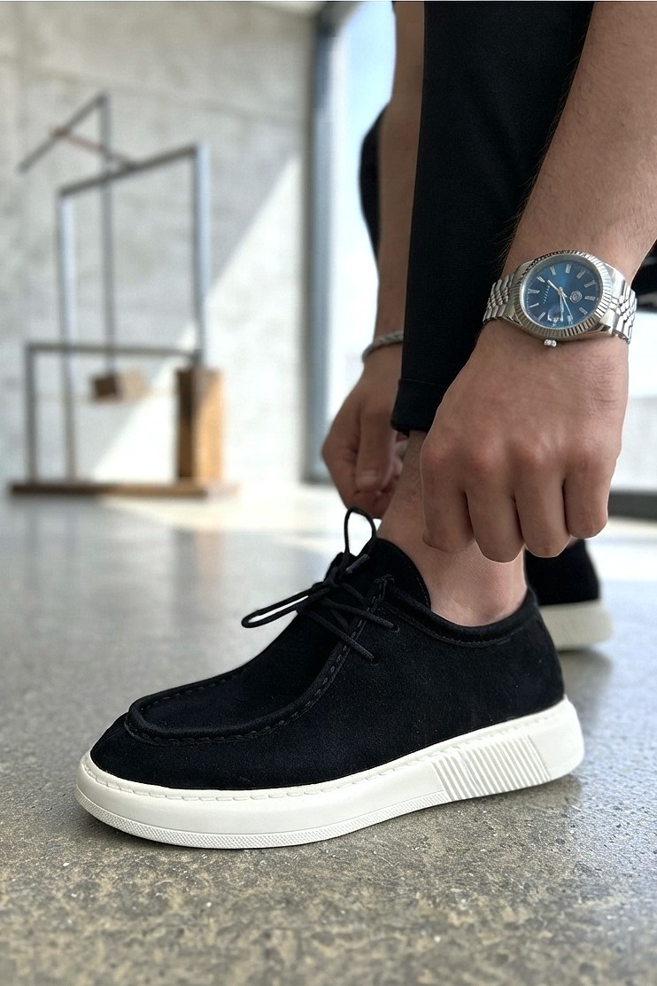 Zerenyus ZRJ170 Yüksek Kalite Bağcıklı Casual Model Erkek Klasik Ayakkabı - Süet Siyah Beyaz görsel 4
