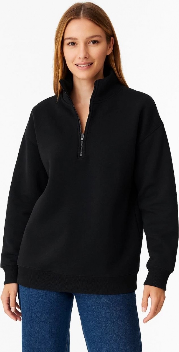 Pileli Store Üç Iplik Dık Yaka Yarım Fermuarlı Sweatshirt - Siyah -