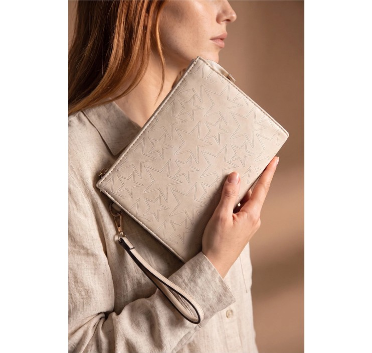 Glondy Sasha Suni Deri Yıldız Desenli Clutch Kadın Portföy El Çantası - Silver görsel 8
