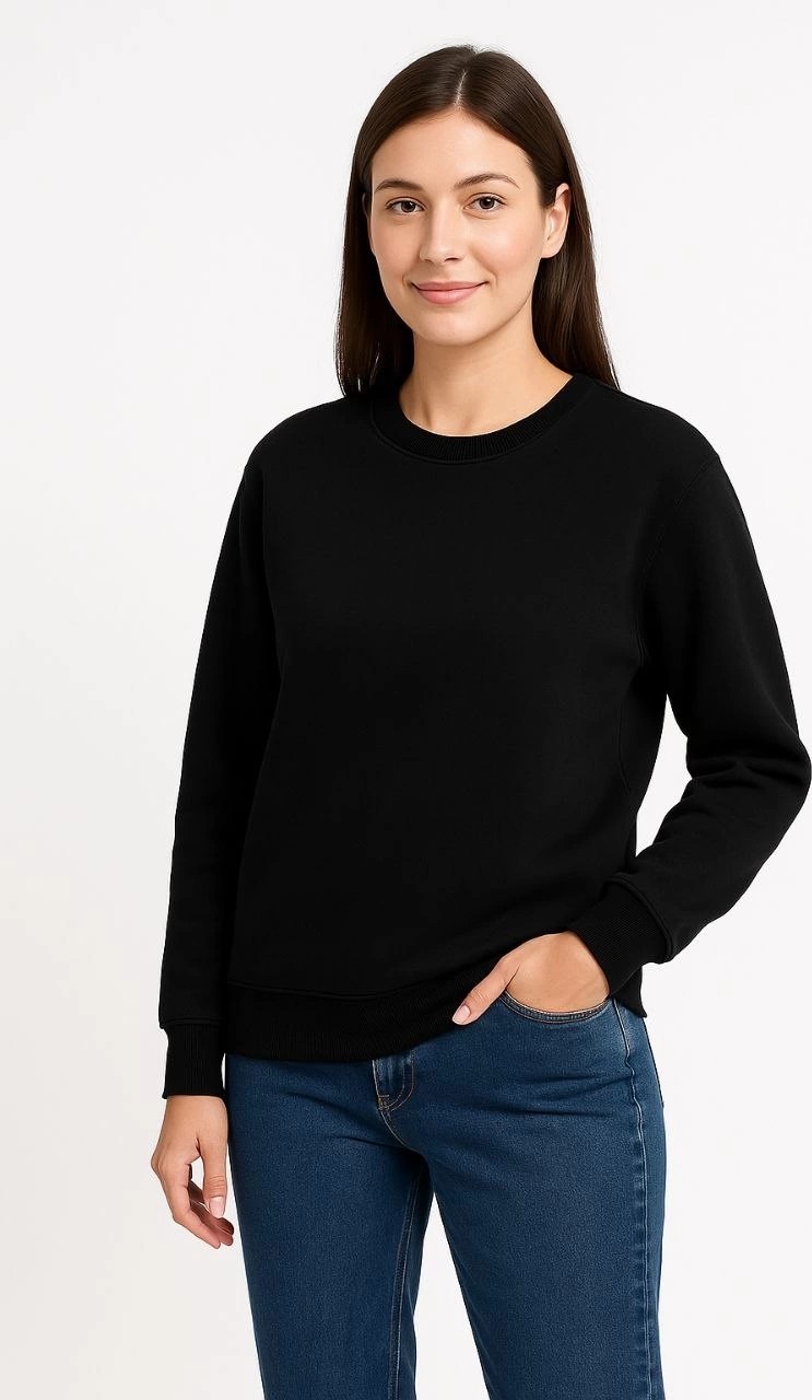 Tarz Yeri Kadın 3 Iplik Pamuklu Düz Bisiklet Yaka Sweatshirt - Siyah