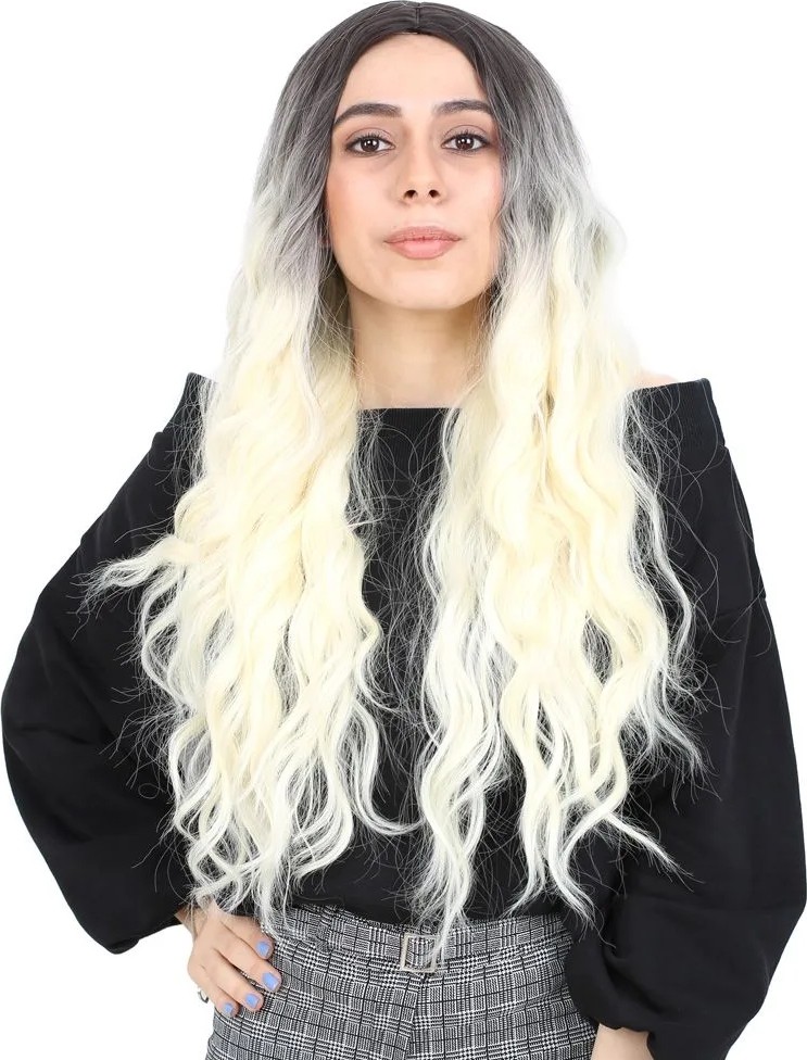 Uravas Store Fiber Sen Uzun Su Daası Peruk / Açık Siyah / Platin Ombreli görsel 2