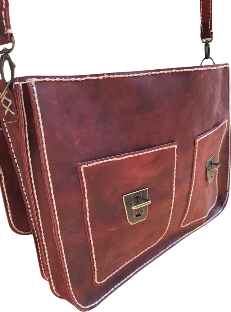 Semiramis Zeus Model Deri El Yapımı Çift Körüklü Vintage Unisex Bordo Evrak Çantası görsel 5