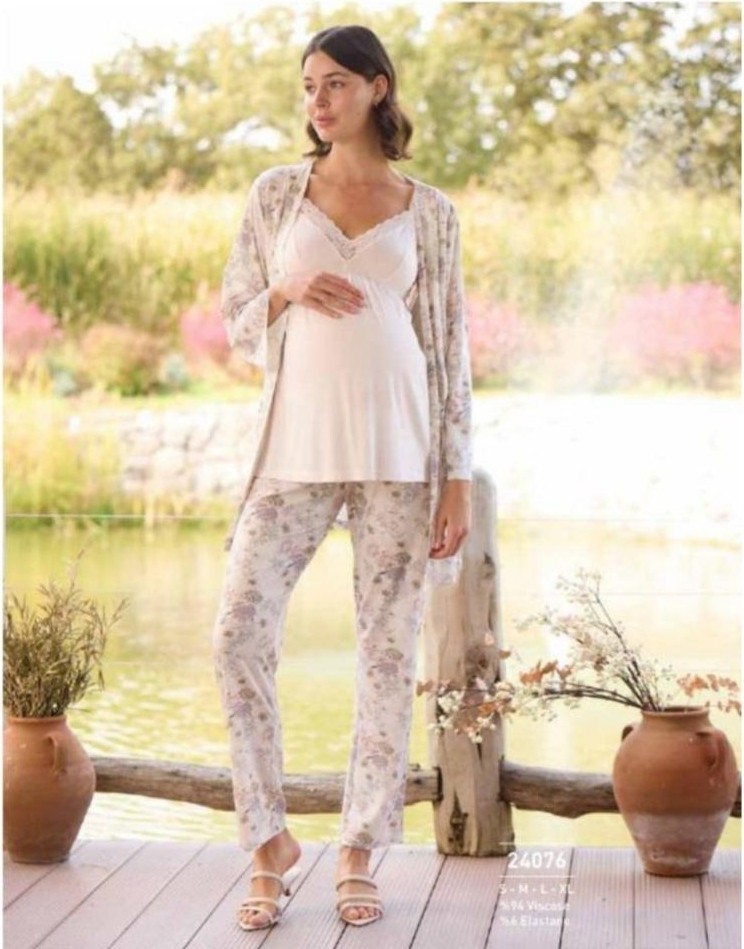 Monamise 24076 Çiçek Desenli Hamile Lohusa 3 Lü Pijama Sabahlık Tk