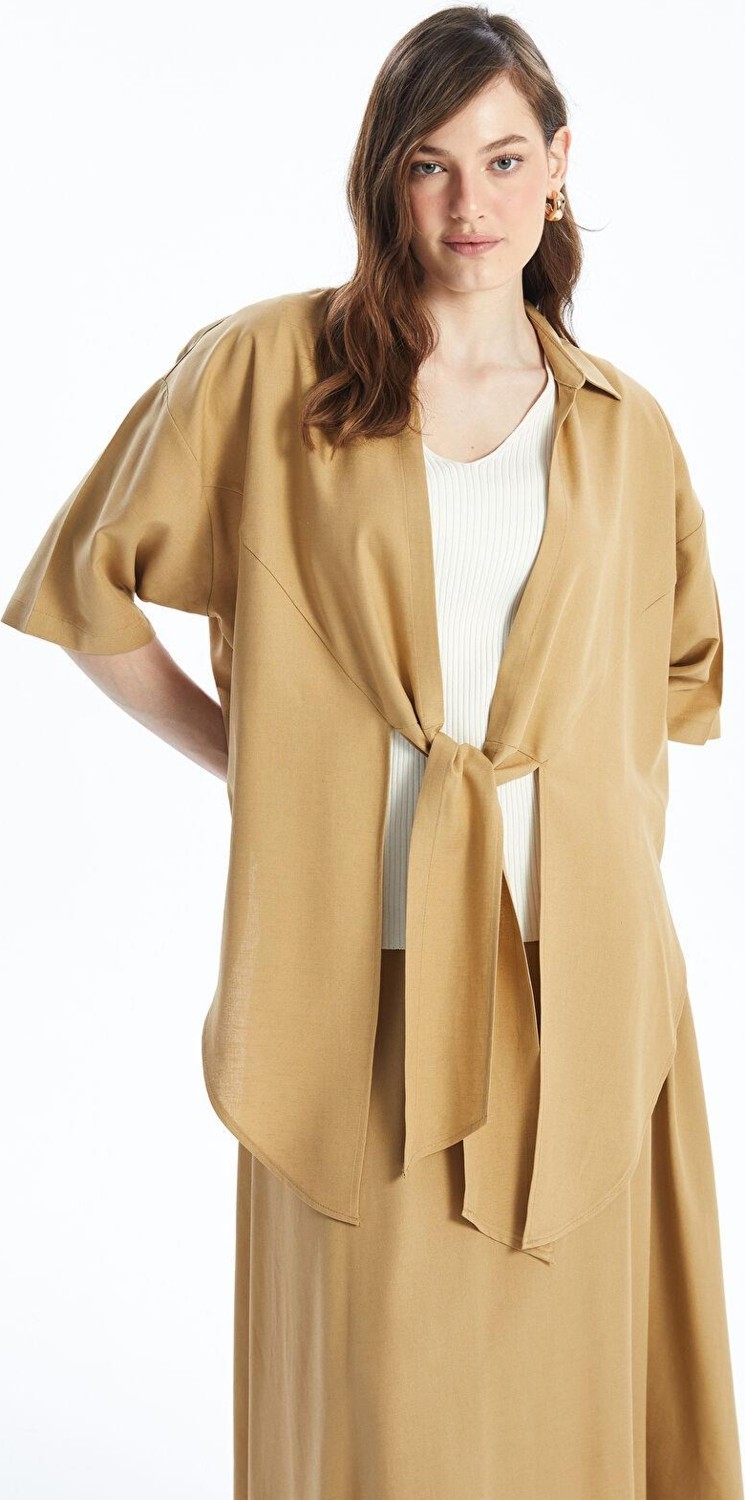 LC Waikiki Lcwaıkıkı Classic Koyu Bej Şal Yaka Desenli Oversize Keten Karışımlı Kadın Kimono görsel 3