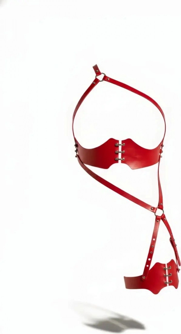 Pileli Store Kırmızı Jartiyer Harness Deri Korse Detaylı Vücut Bağlaması - 1372