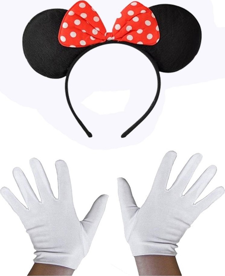 Die Grup Kırmızı Fiyonklu Minnie Mouse Tacı ve Beyaz Eldiven Seti