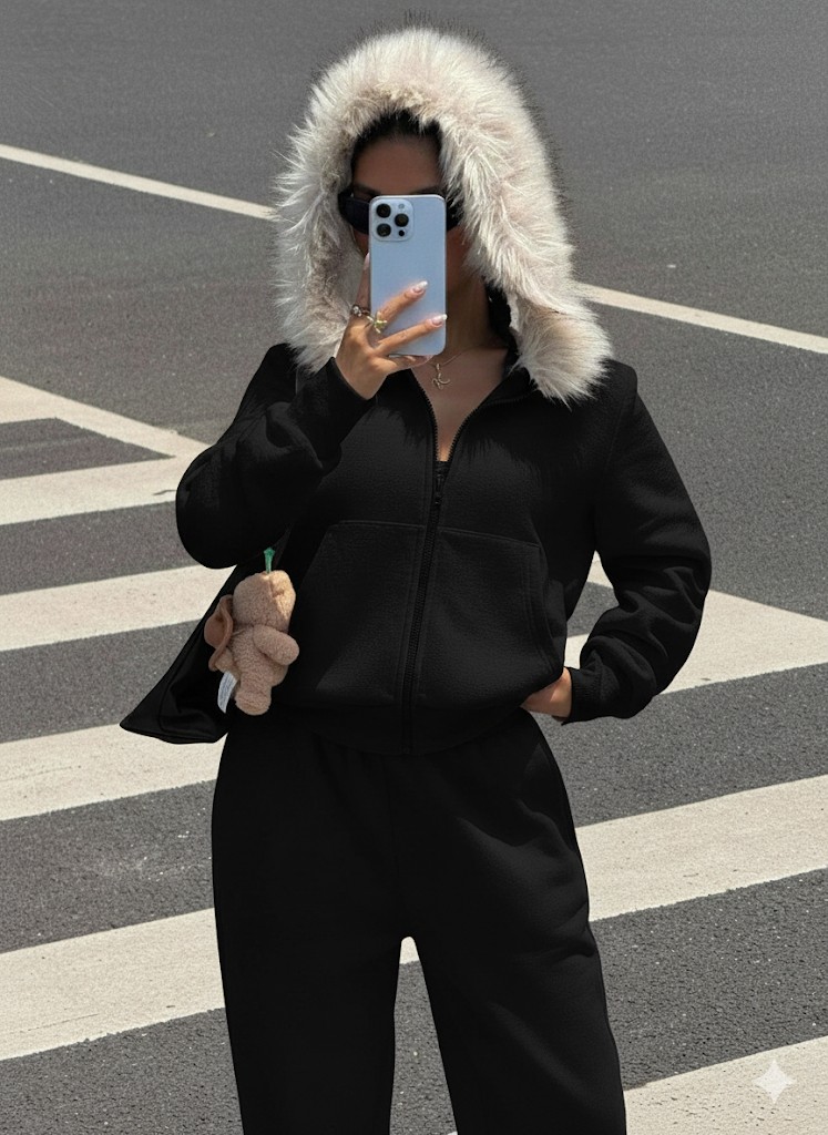 Afri Kadın Siyah Fermuarlı Kapüşonlu Sweatshirt Eşfoman Takımı, Kürklü Kapüşon, Cepli, Rahat Kalıp görsel 2