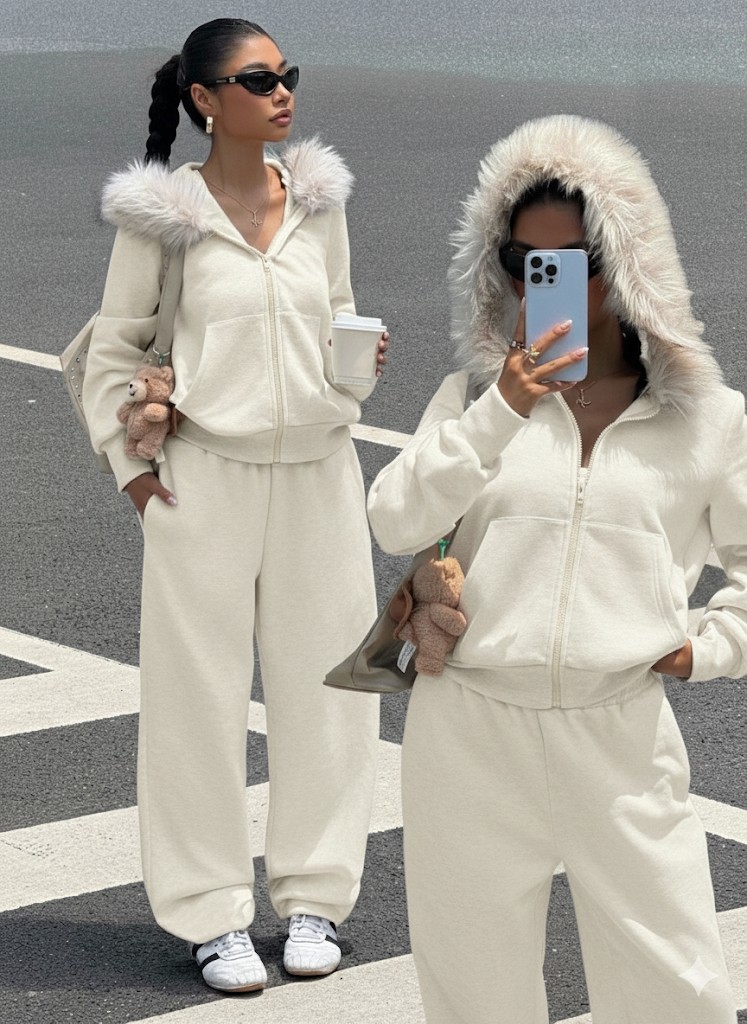Afri Kadın Siyah Fermuarlı Kapüşonlu Sweatshirt Eşfoman Takımı, Kürklü Kapüşon, Cepli, Rahat Kalıp görsel 7