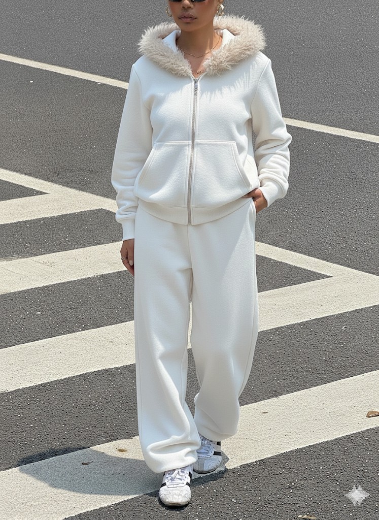 Afri Kadın Siyah Fermuarlı Kapüşonlu Sweatshirt Eşfoman Takımı, Kürklü Kapüşon, Cepli, Rahat Kalıp görsel 8