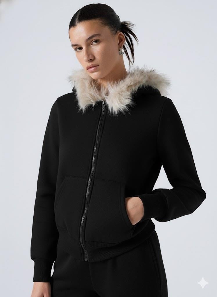 Afri Kadın Siyah Fermuarlı Kapüşonlu Sweatshirt, Kürkü Siyah Kapüşonlu, Cepli, Rahat Kalıp görsel 8