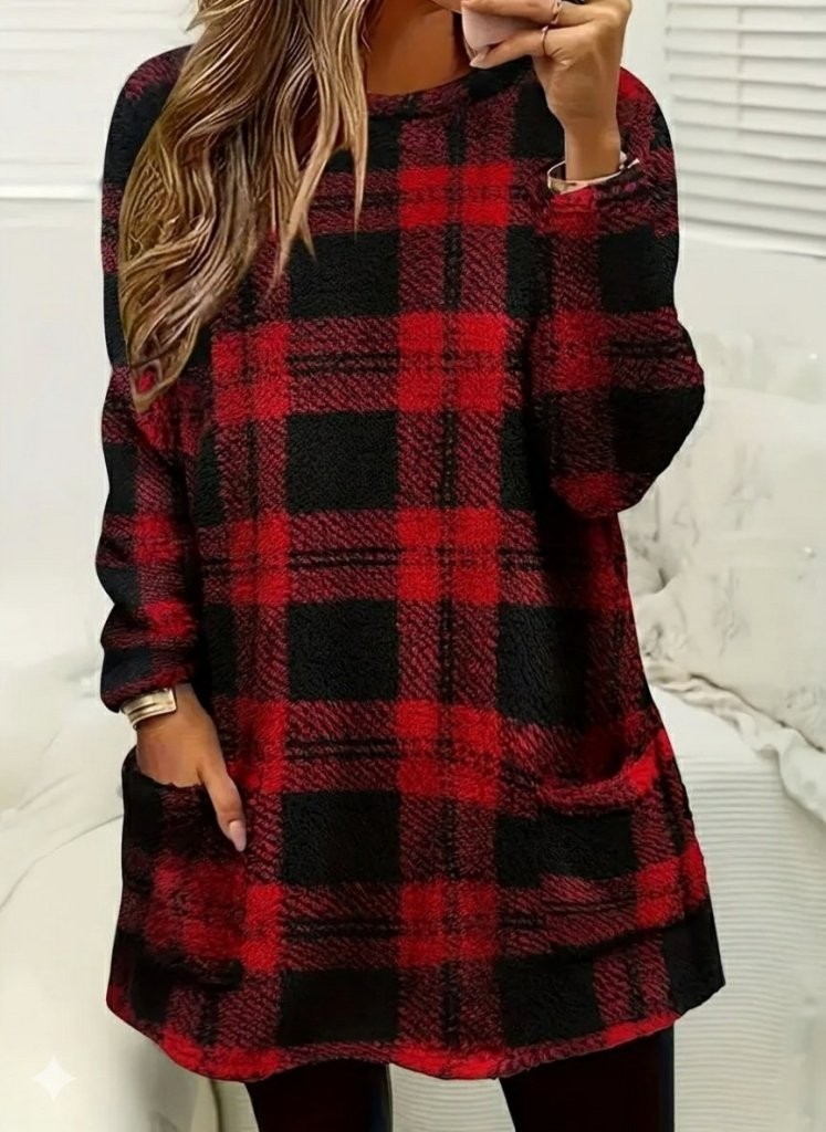 Nidam Butik Kadın Uzun Kollu Yarı Balıkçı Yakalı Cep Detaylı Ekoseli Dokuma Tunik görsel 4