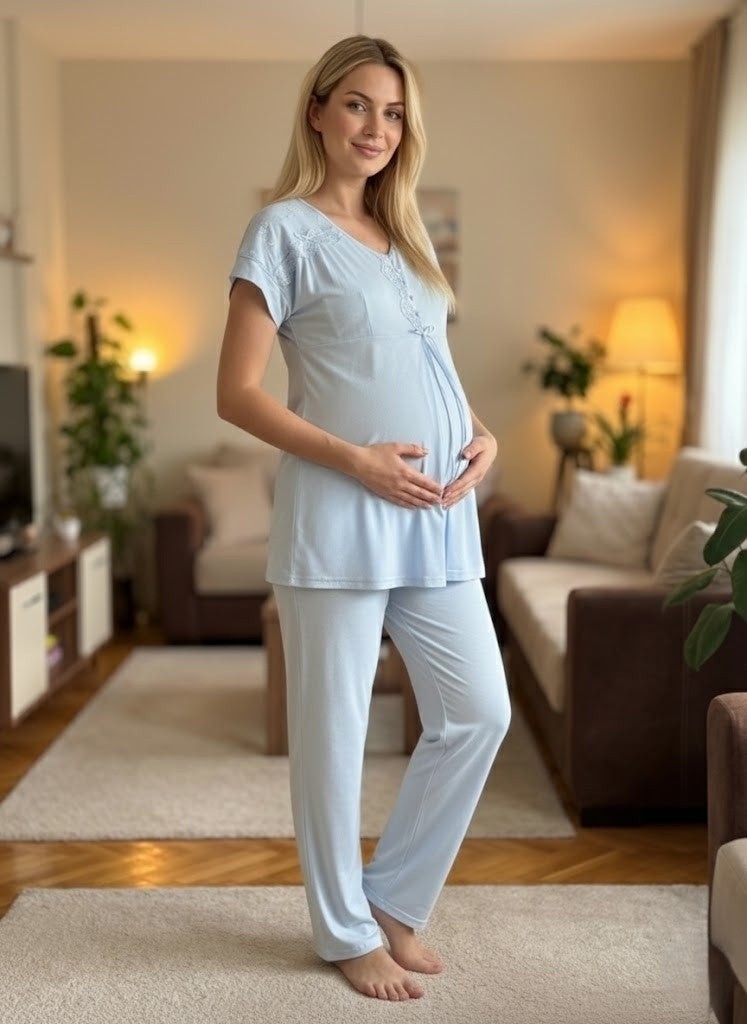 raia Yeni Sezon Ekru Dantel Işlemeli Düğmeli Yazlık Kısa Kollu Lohusa Hamile Pijama Takımı