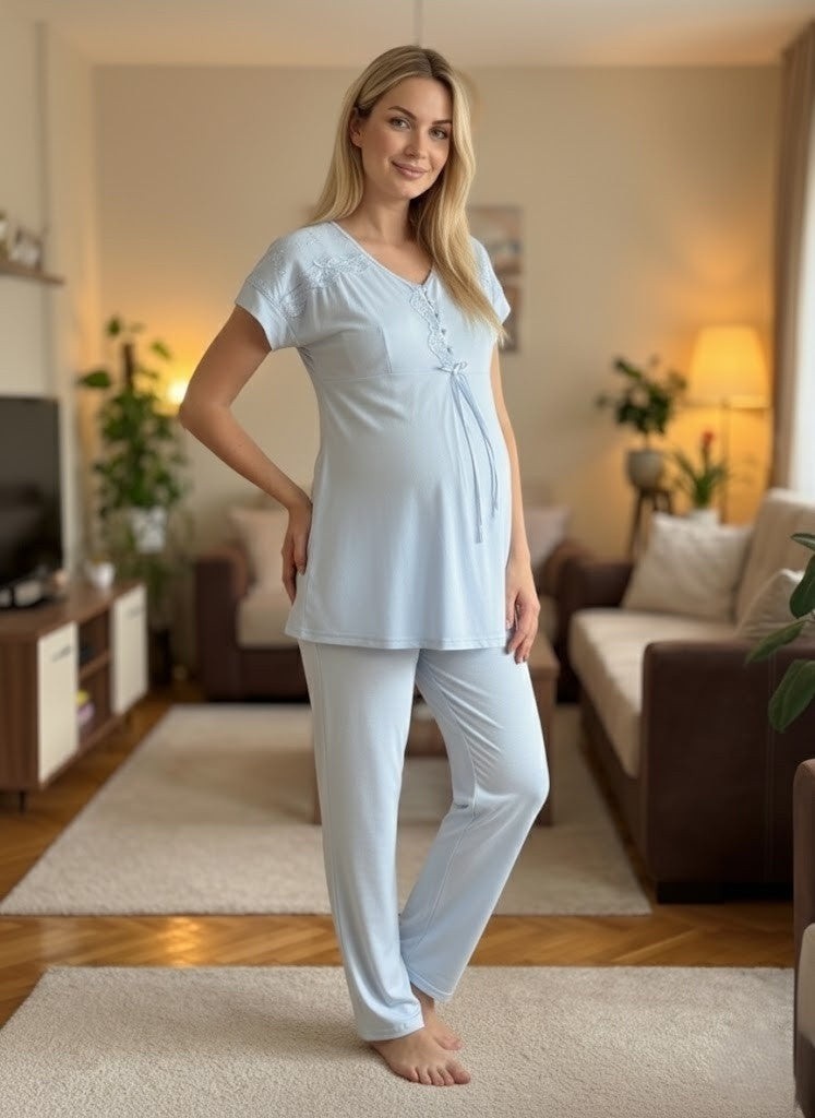 raia Yeni Sezon Ekru Dantel Işlemeli Düğmeli Yazlık Kısa Kollu Lohusa Hamile Pijama Takımı görsel 2