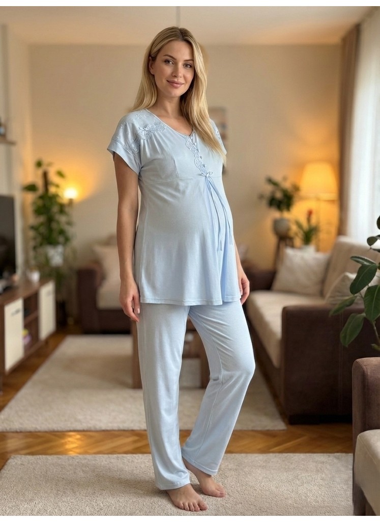raia Yeni Sezon Ekru Dantel Işlemeli Düğmeli Yazlık Kısa Kollu Lohusa Hamile Pijama Takımı görsel 3