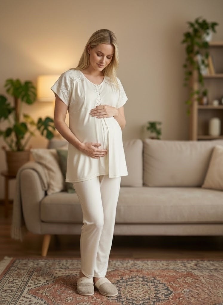 raia Yeni Sezon Ekru Dantel Işlemeli Düğmeli Yazlık Kısa Kollu Lohusa Hamile Pijama Takımı görsel 4