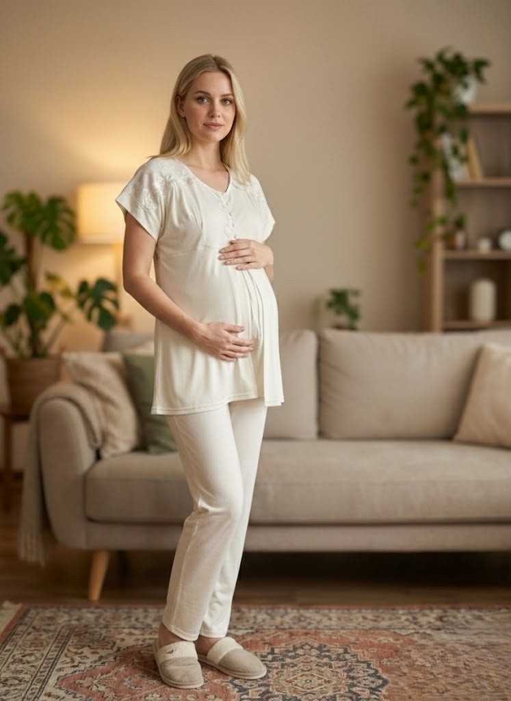 raia Yeni Sezon Ekru Dantel Işlemeli Düğmeli Yazlık Kısa Kollu Lohusa Hamile Pijama Takımı görsel 5