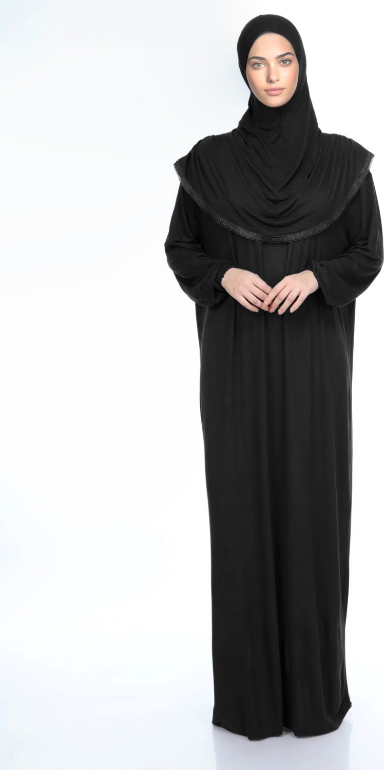 Sonbahar Moda Kadın Tesettür Pamuklu Başörtülü Namaz Elbisesi Dantelli Tek Parça Penye Kumaş Yeşil