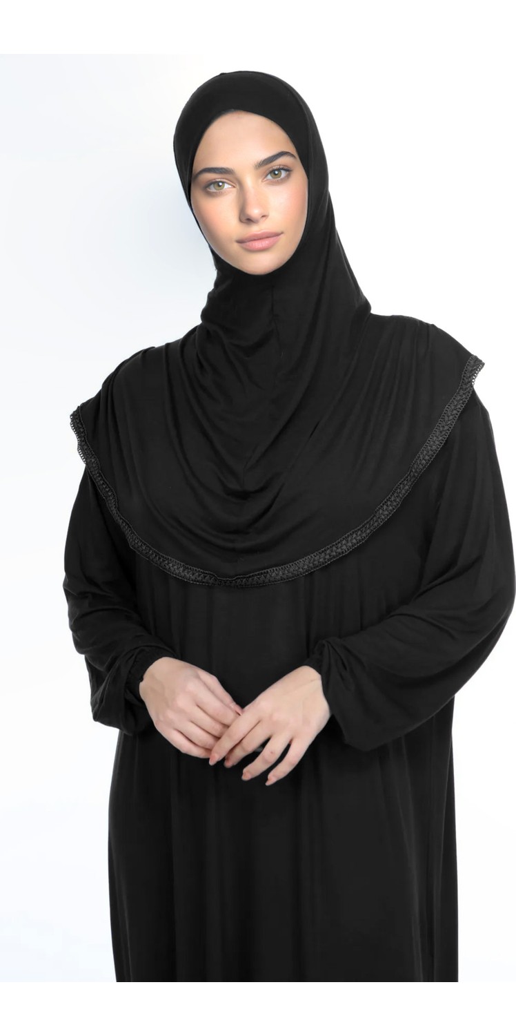 Sonbahar Moda Kadın Tesettür Pamuklu Başörtülü Namaz Elbisesi Dantelli Tek Parça Penye Kumaş Yeşil görsel 3