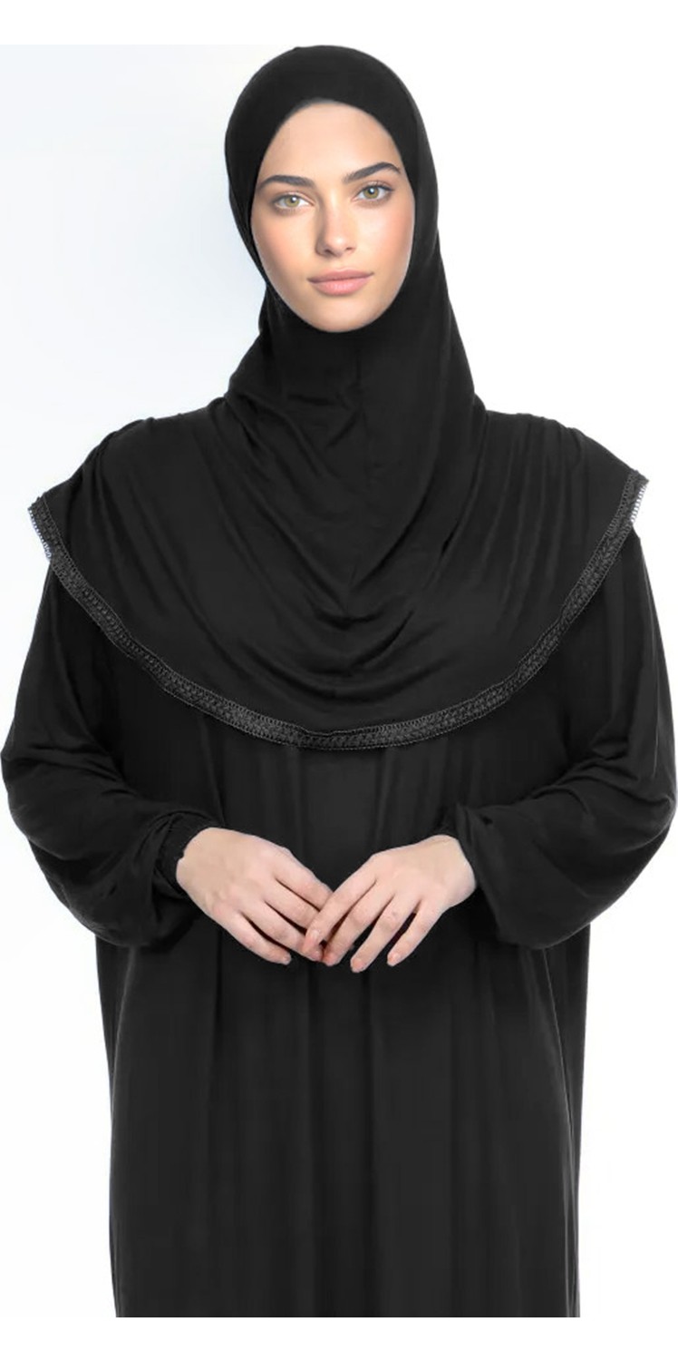 Sonbahar Moda Kadın Tesettür Pamuklu Başörtülü Namaz Elbisesi Dantelli Tek Parça Penye Kumaş Yeşil görsel 4