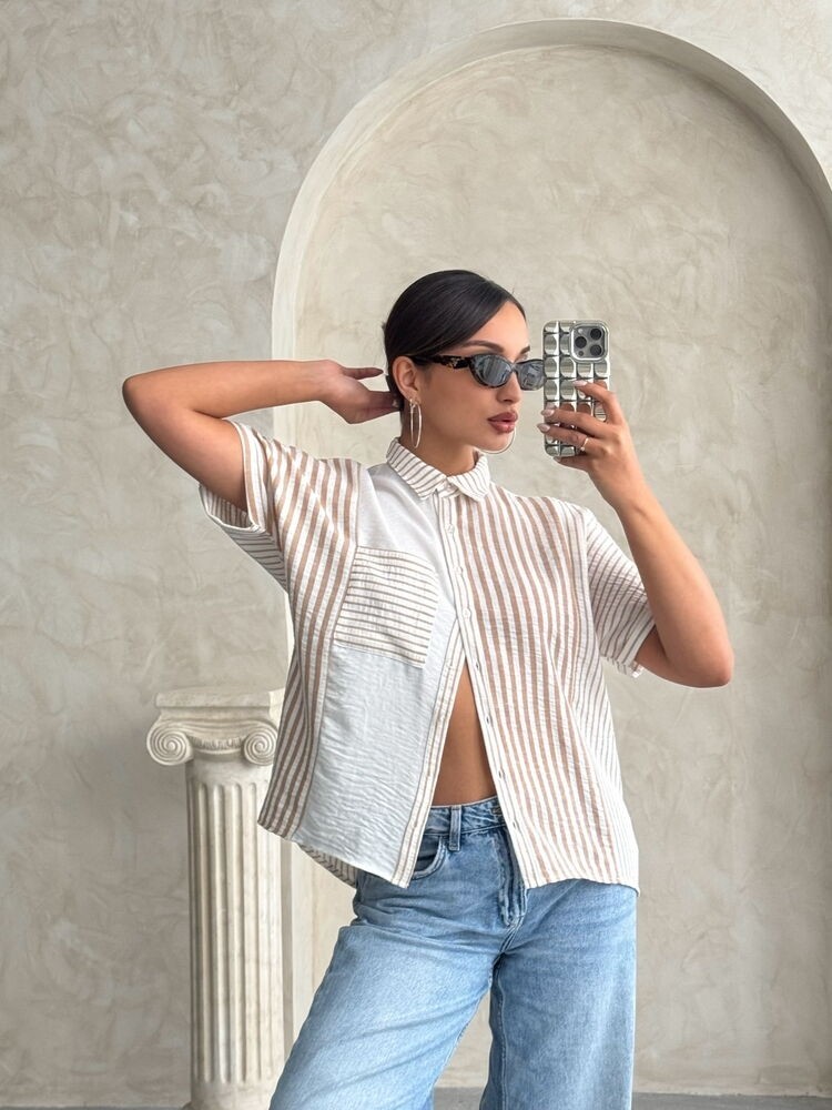 Sun Style Mavi Parçalı Çizgili Gömlek 100 Keten