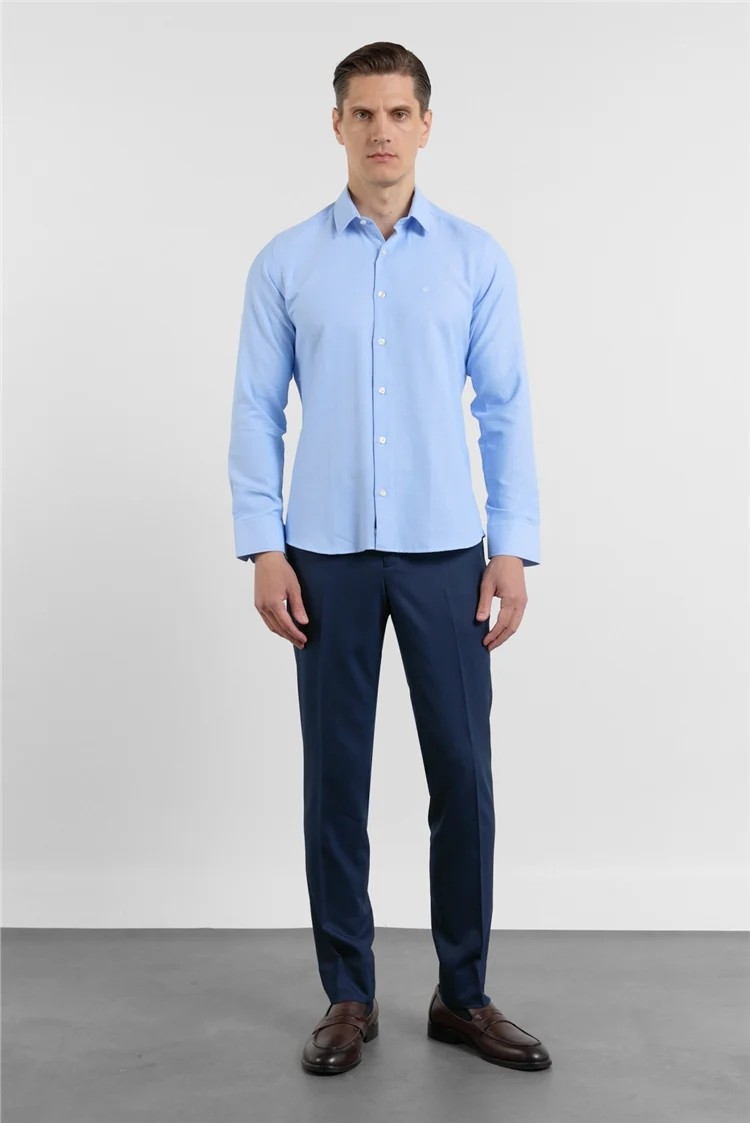 İmza Mavi Sert Yaka Uzun Kol Cepsiz Slim Fit Pamuklu Gömlek 1004255284 görsel 7