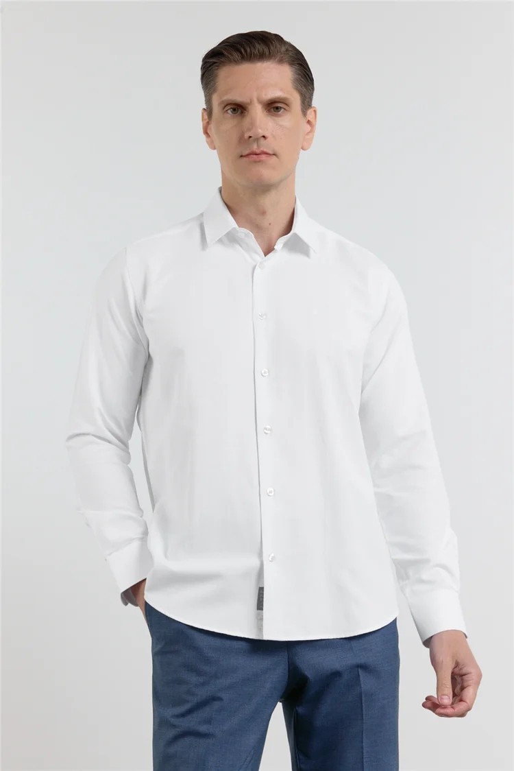 İmza Mavi Sert Yaka Uzun Kol Cepsiz Slim Fit Pamuklu Gömlek 1004255284