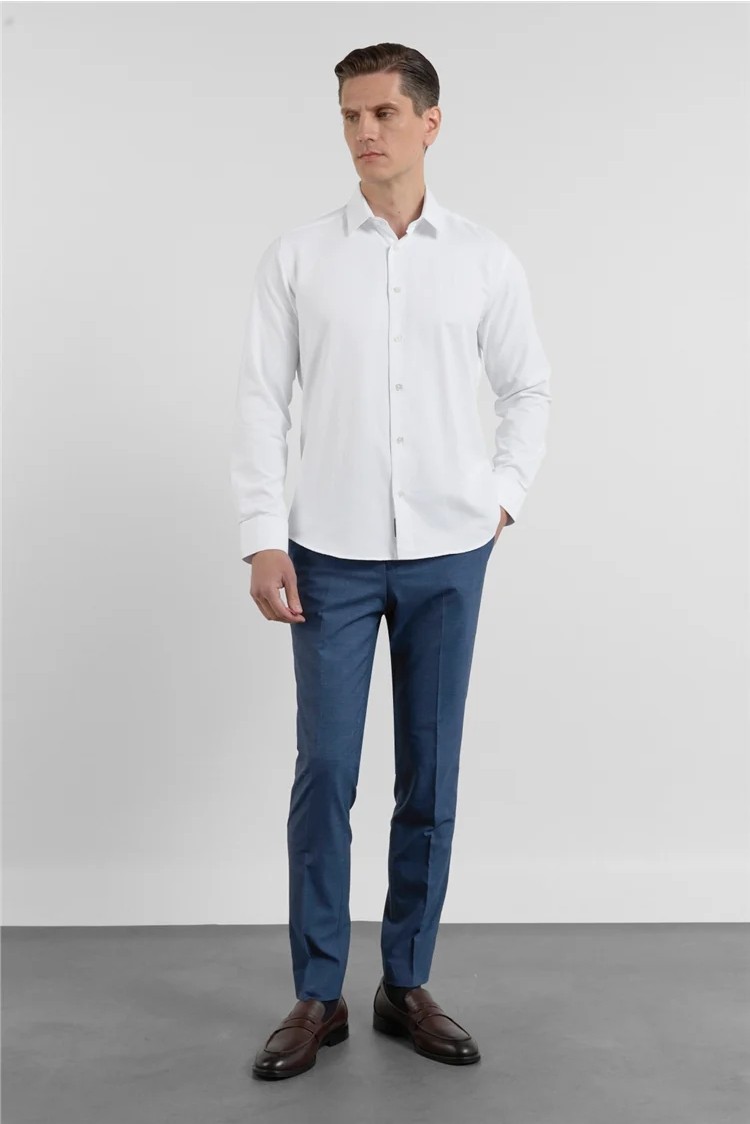 İmza Mavi Sert Yaka Uzun Kol Cepsiz Slim Fit Pamuklu Gömlek 1004255284 görsel 2