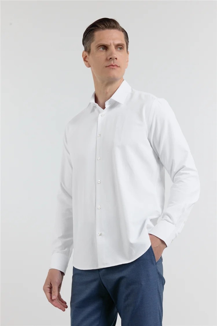 İmza Mavi Sert Yaka Uzun Kol Cepsiz Slim Fit Pamuklu Gömlek 1004255284 görsel 3